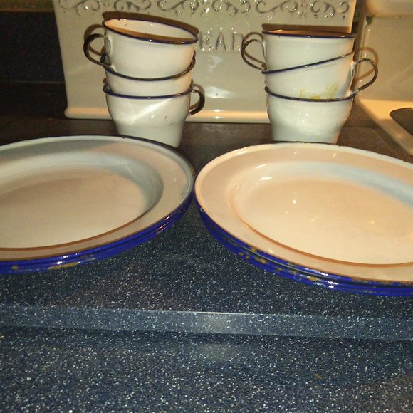 Vintage tea set 6 plates 6 cups metal Sweden vintage blue white decor - Picture 7 of 8